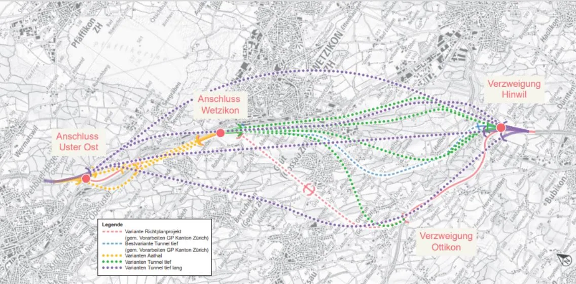 Karte mit ganz vielen möglichen Linienführungen für die Oberlandautobahn.